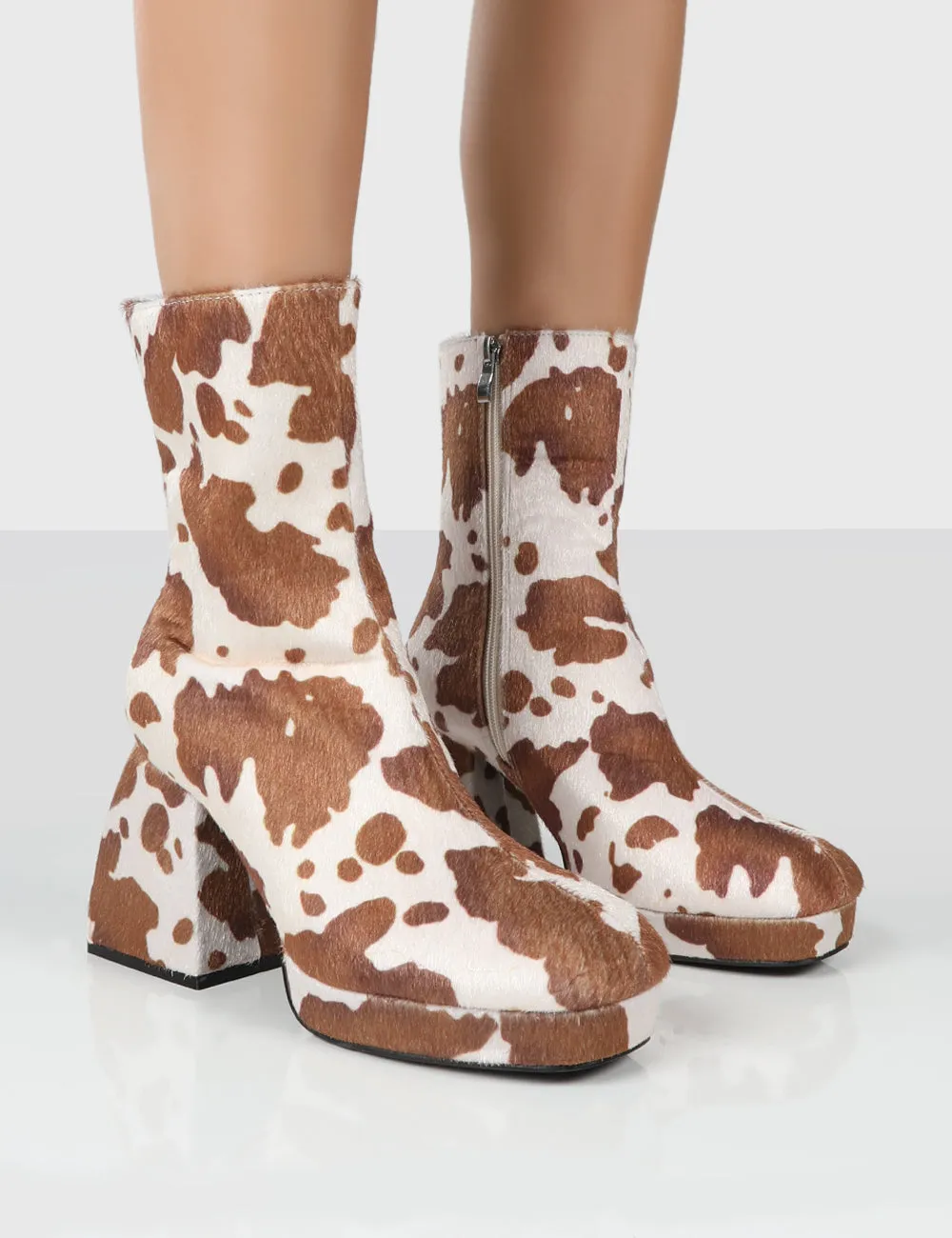 Imagine Brown Cow Print Chunky Block Heel Ankle Boots