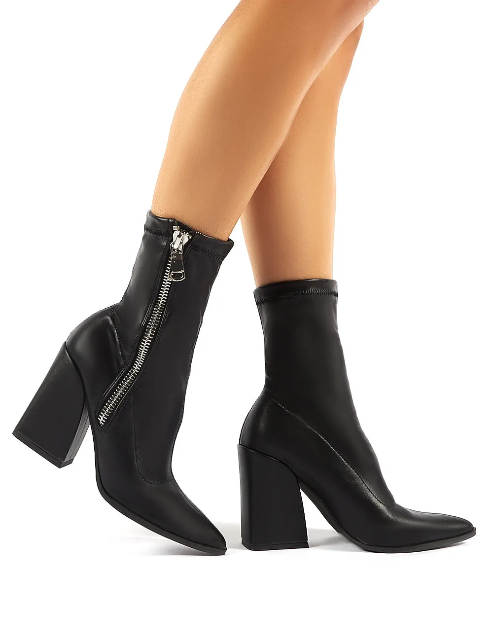 Jamie Black PU Sock Fit Block Heeled Ankle Boots