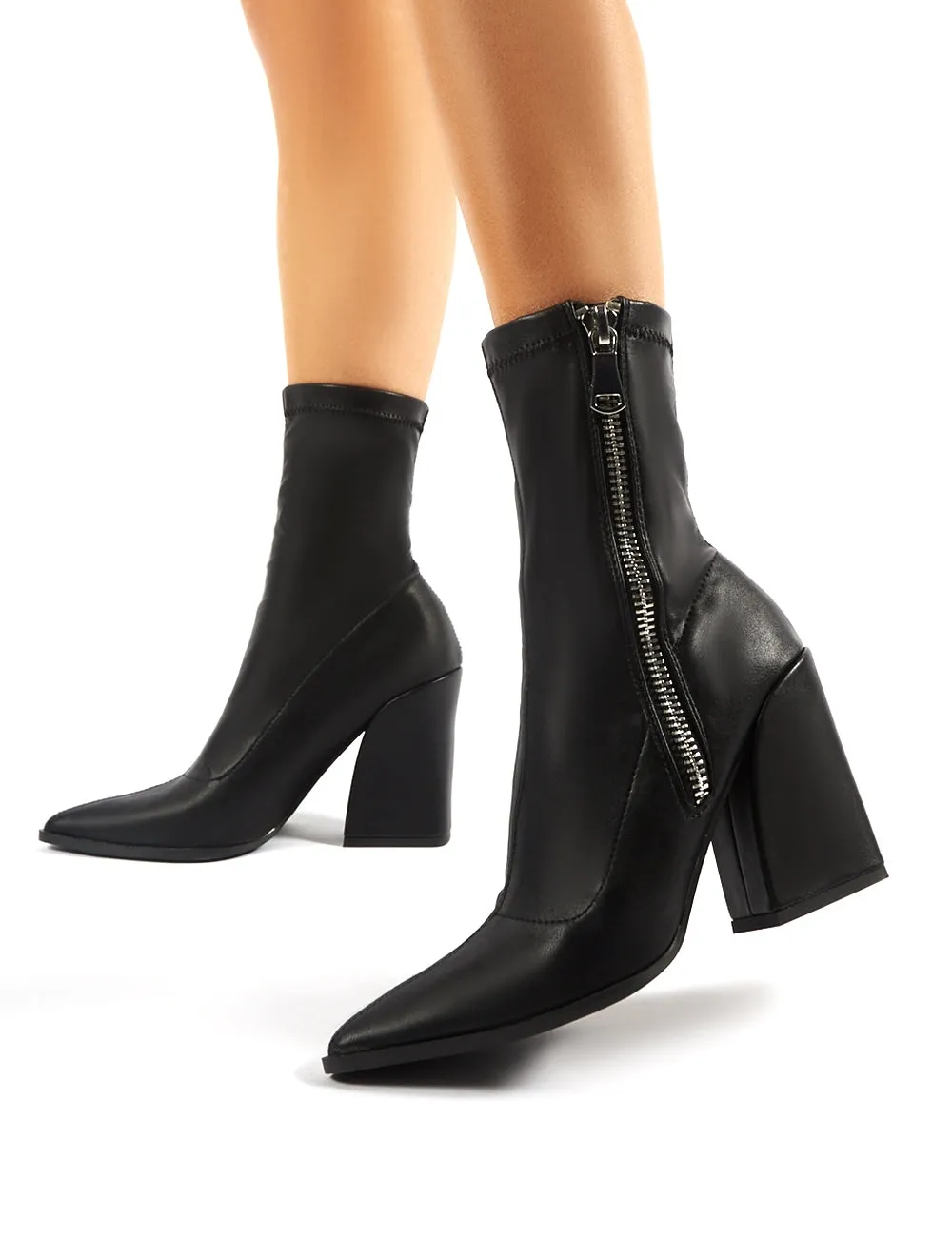 Jamie Black PU Sock Fit Block Heeled Ankle Boots