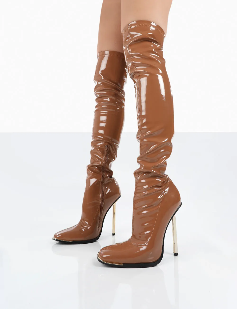 Kenza X Public Desire Vicki Choc Patent over the Knee Stiletto Heeled Boots