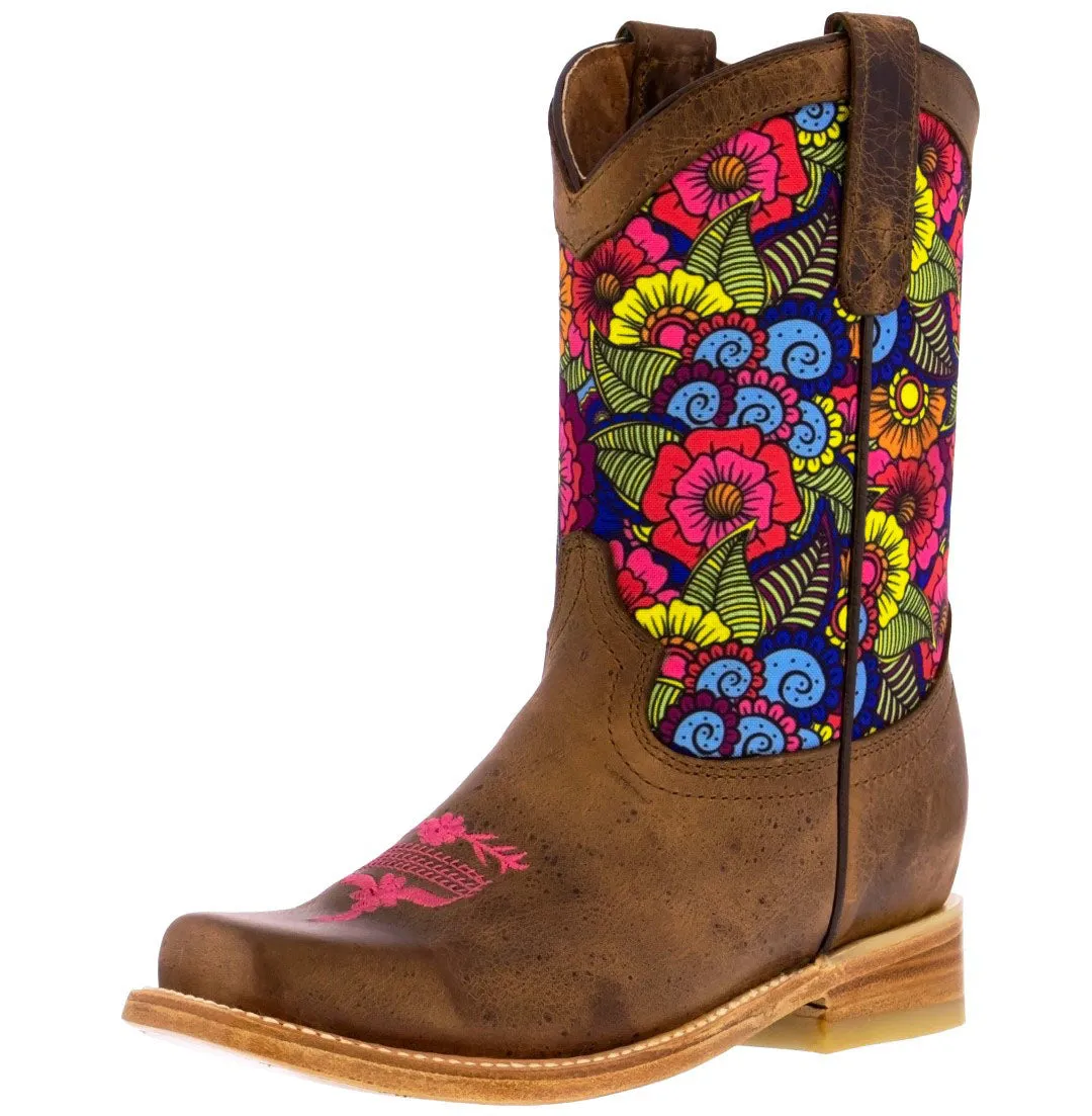 Kids Light Brown Western Cowboy Boots Paisley Pattern Square Toe