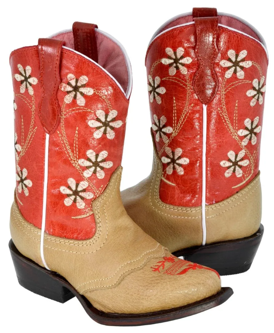 Kids Red & Sand Western Cowboy Boots Floral Leather - Snip Toe