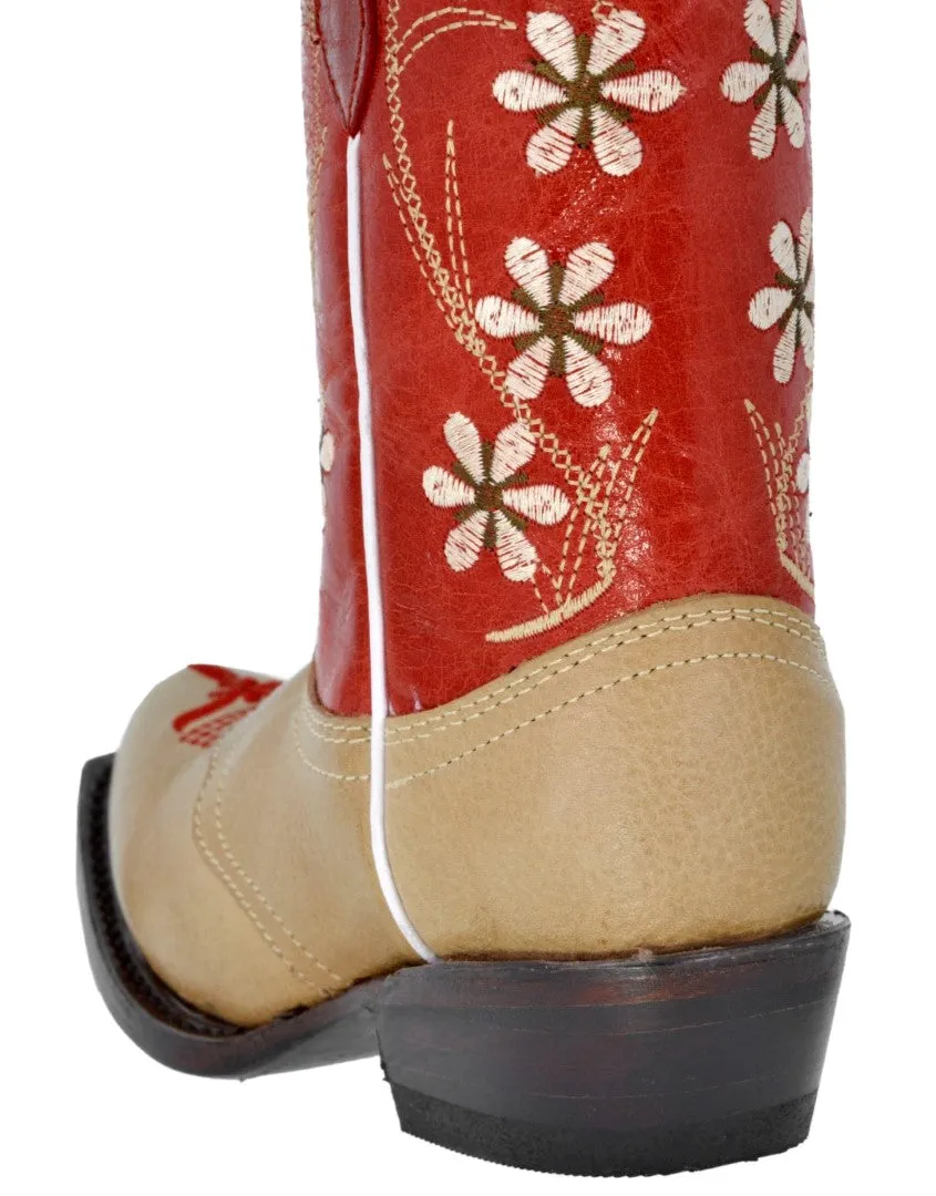 Kids Red & Sand Western Cowboy Boots Floral Leather - Snip Toe