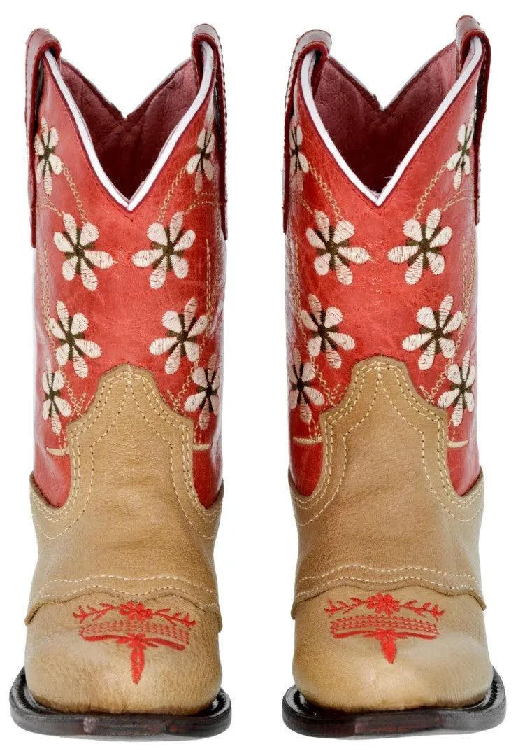 Kids Red & Sand Western Cowboy Boots Floral Leather - Snip Toe