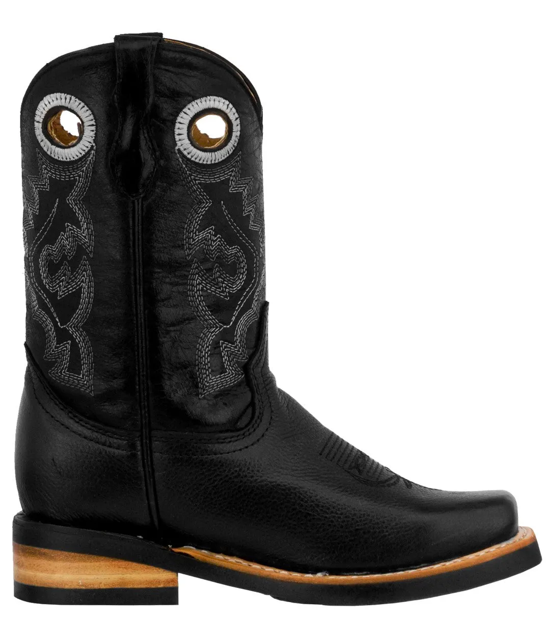 Kids Unisex Genuine Leather Western Wear Boots Black Casual Rodeo Square Botas