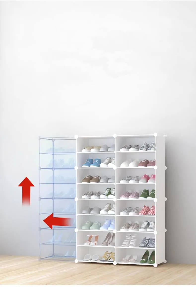 Kuber Industries Pack of 3 Shoes Cabinet |2 Column 4 -Tier Foldable Shoe Rack Organizer for Closet |Plastic Shoe Shelf Collapsible Shoes Box |Easy Assembly Shoe Cabinet with Lids | JL2C4TWH | White