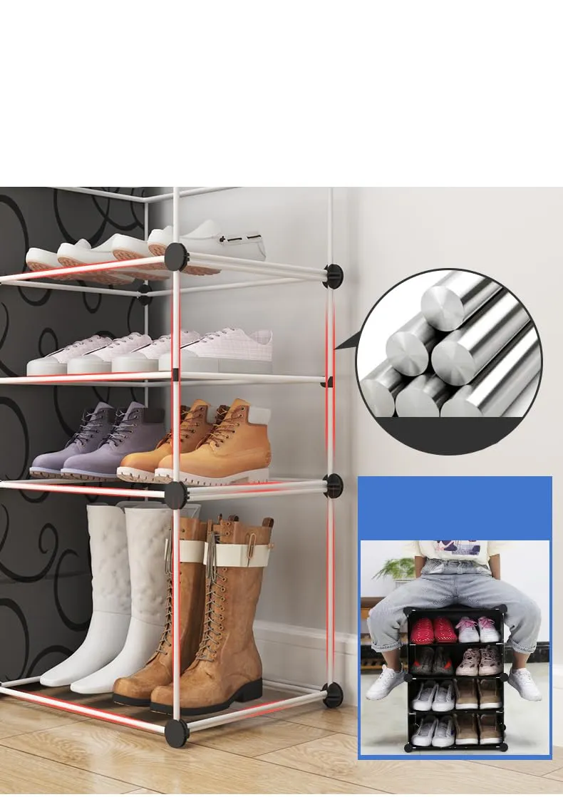 Kuber Industries Pack of 5 Shoes Cabinet | 2 Column 4-Tier Foldable Shoe Rack Organizer for Closet | Plastic Shoe Shelf Collapsible Shoes Storage Box | Shoe Cabinet with Lids | JL2C4TBK | Black