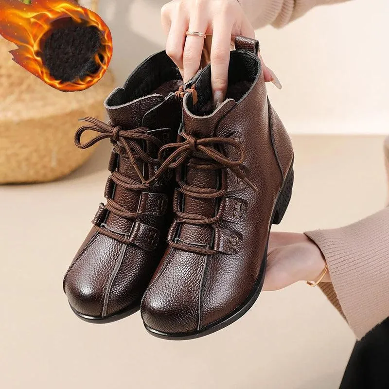 Lace-Up Heeled Women's Casual Shoes - Brown Genuine Leather Ankle Boots- GCSFR2343