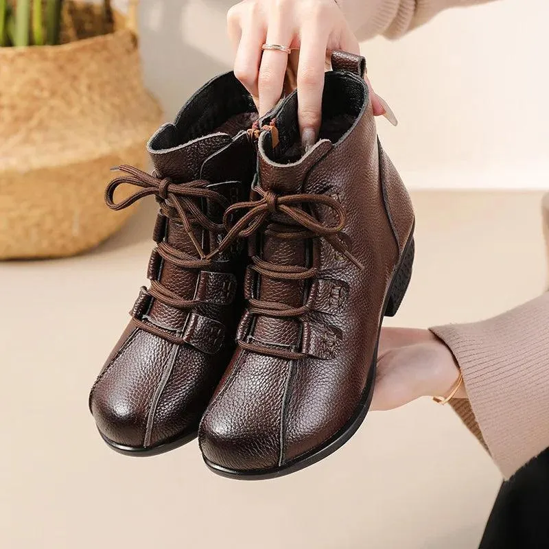 Lace-Up Heeled Women's Casual Shoes - Brown Genuine Leather Ankle Boots- GCSFR2343