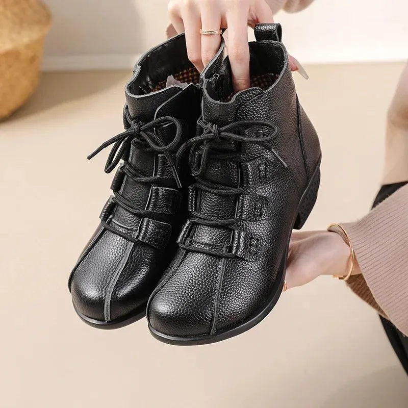 Lace-Up Heeled Women's Casual Shoes - Brown Genuine Leather Ankle Boots- GCSFR2343