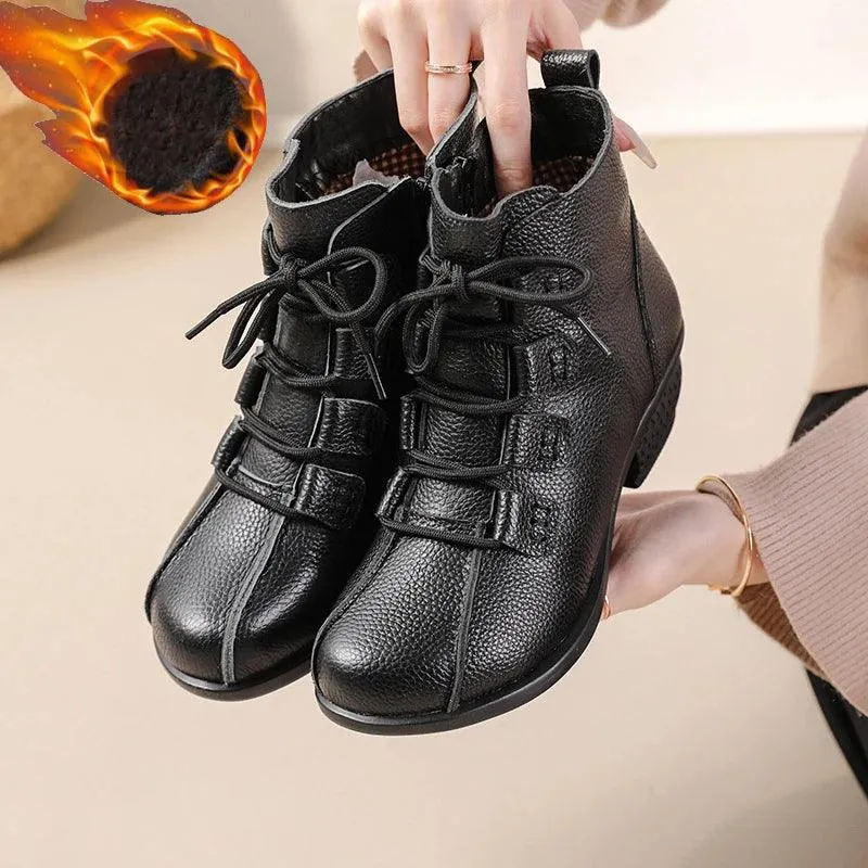 Lace-Up Heeled Women's Casual Shoes - Brown Genuine Leather Ankle Boots- GCSFR2343