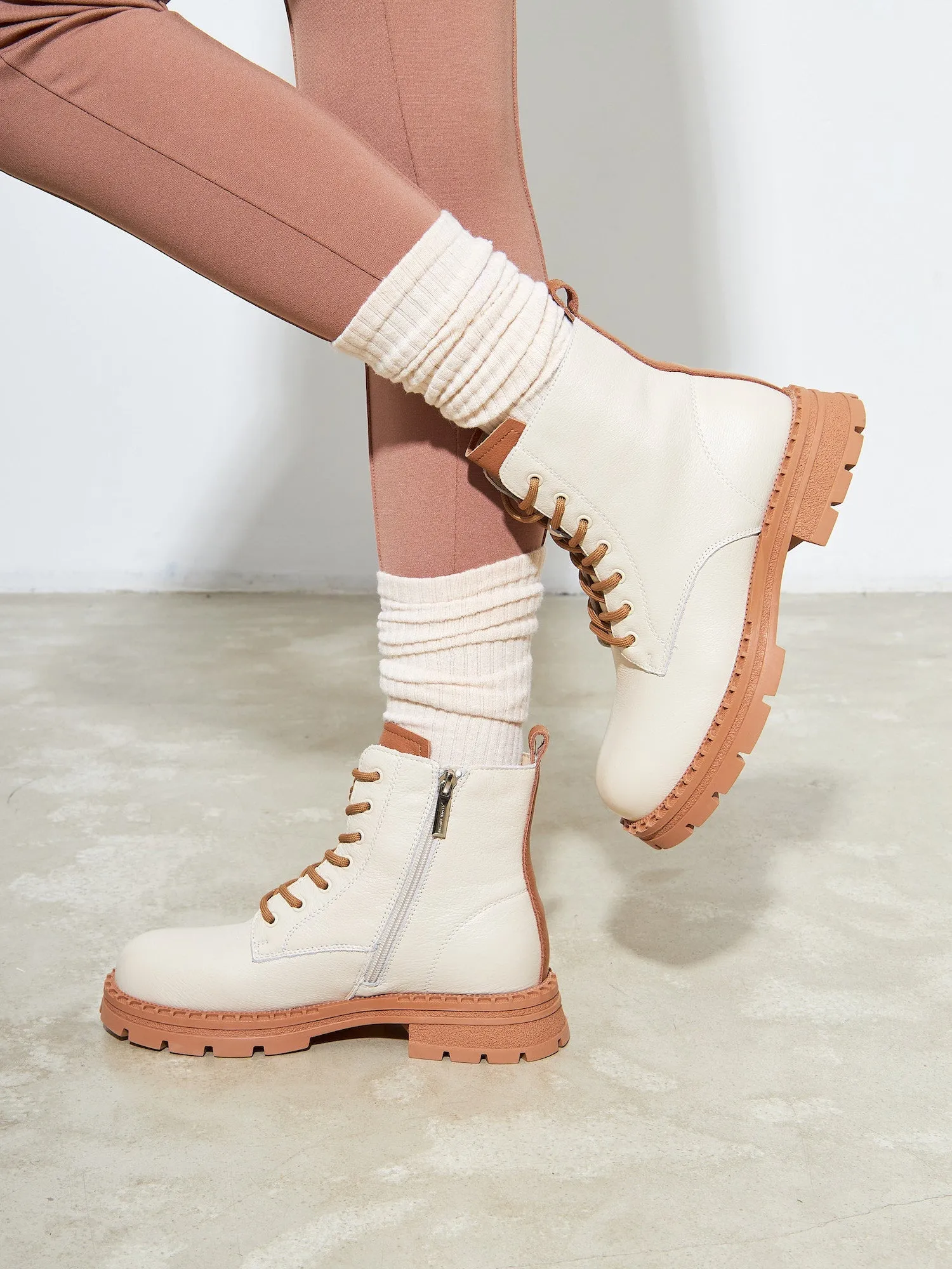 Leather Lace-up Ankle Boots - Off White