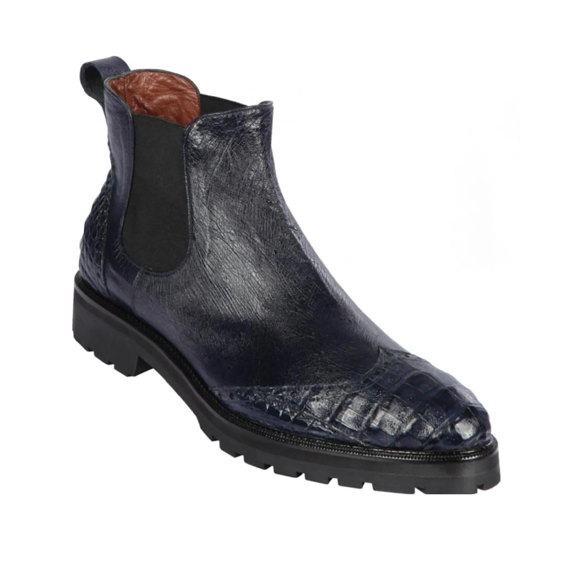 Lombardy Mens # ZlM078210 High Top Shoe W/Wing Tip  | Style M-07| Caiman Belly Y Smooth Strich Boots | Color Navy Blue