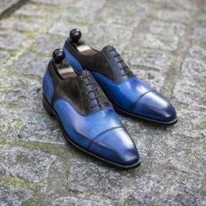 Men's Blue Black Leather Lace Up Cap Toe Shoes