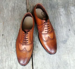 Men's Brogue Wing Tip Brown Leather Shoes