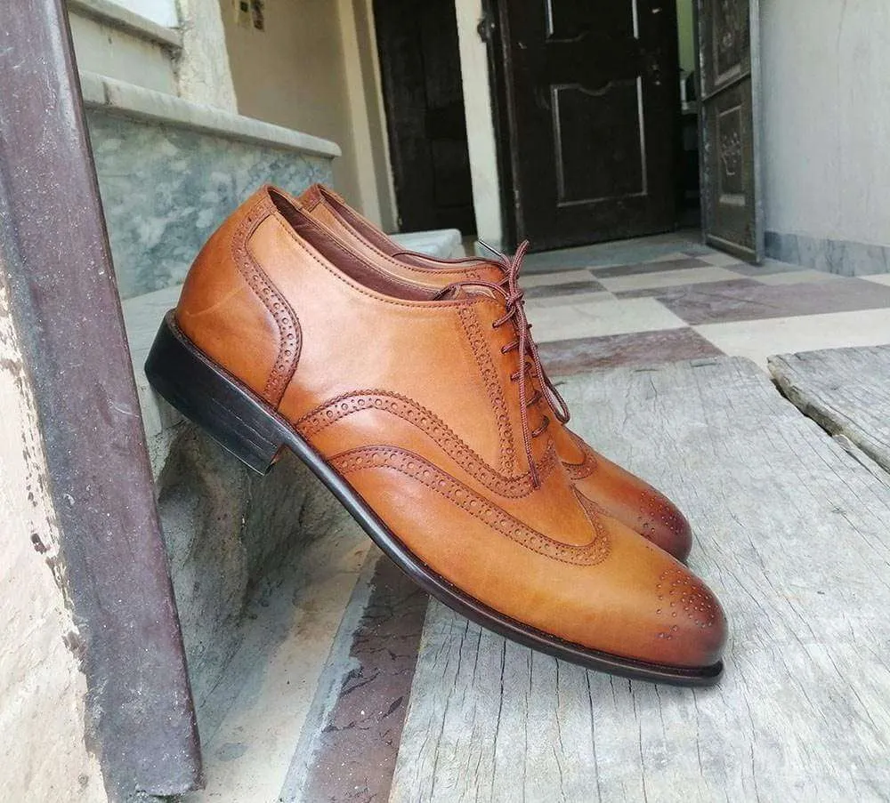 Men's Brogue Wing Tip Brown Leather Shoes