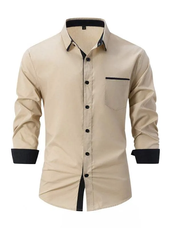 Men's Color Block Business Slim Casual Shirt Long Sleeve Shirt