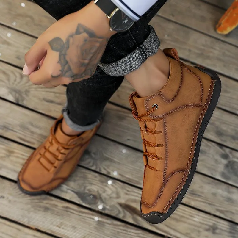 Men's Handmade Stitching Leather Shoes Non-Slip Soft Sole Casual Ankle Boots