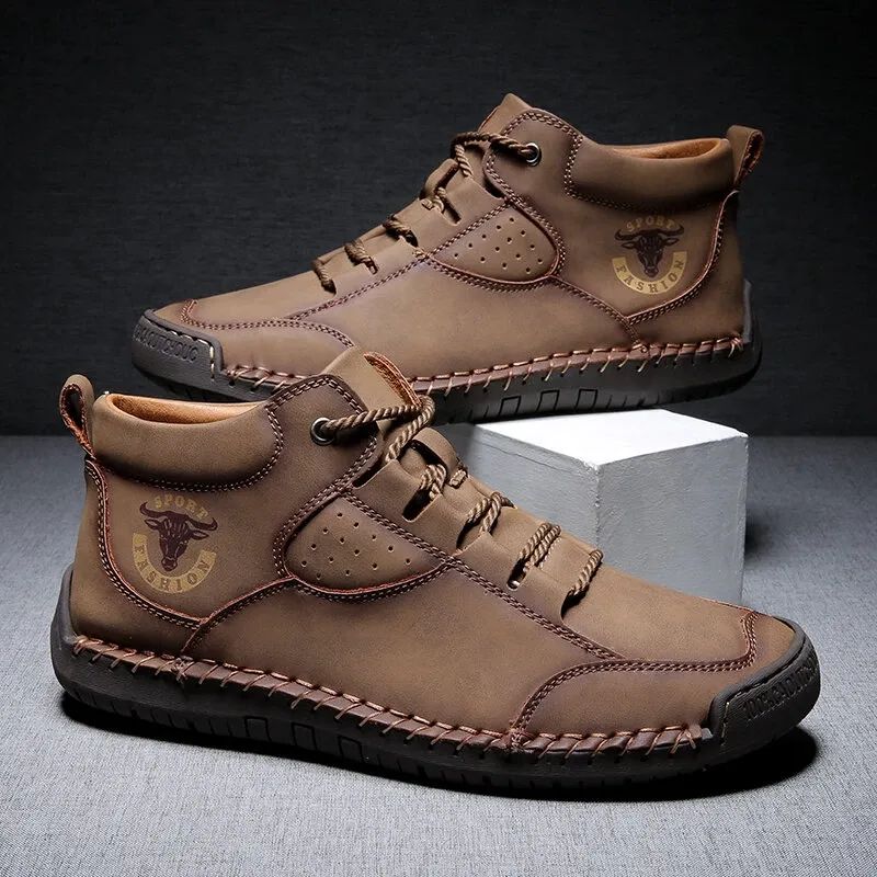 Men's Handmade Stitching Leather Shoes Non-Slip Soft Sole Casual Ankle Boots