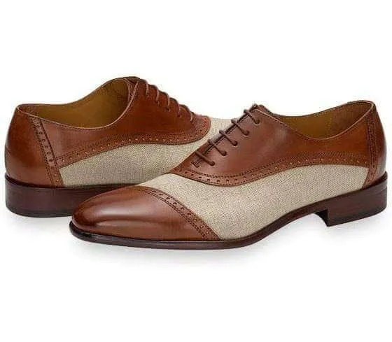 Men's Tweed Leather Cap Toe Brogue Brown Beige Shoes