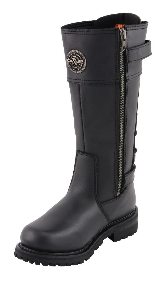 Milwaukee Leather MBL9385 Women's Black Leather 15-Inch Calf Laced Motorcycle Riding Boots with Side Zipper