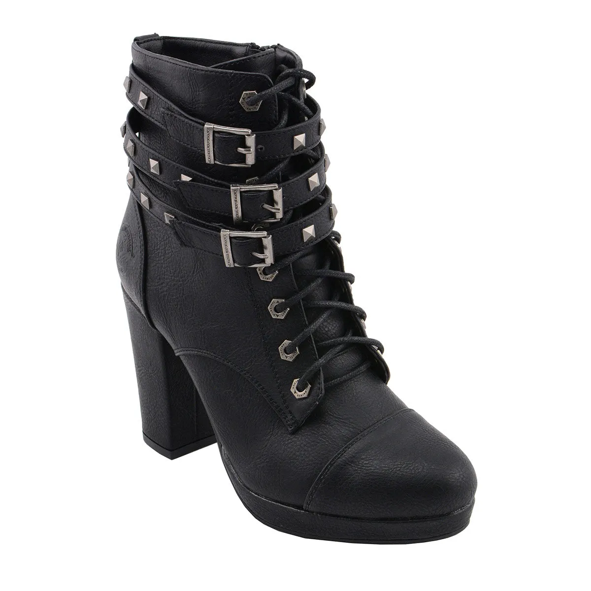 Milwaukee Leather MBL9417 Women's Black Lace-Up Fashion Boots with Triple Strap Studded Accents