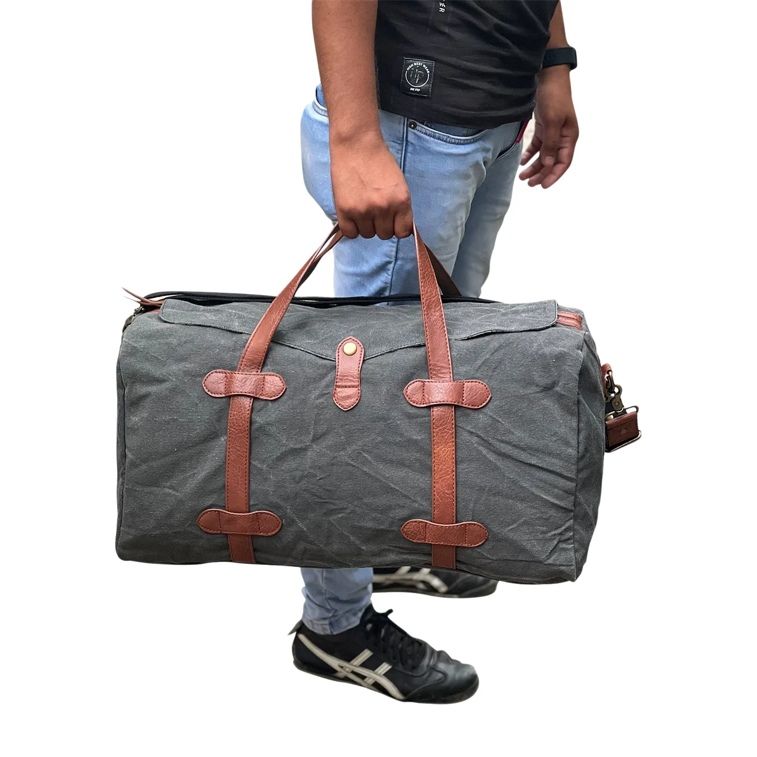 Mona B Upcycled Canvas Duffel Gym Travel and Sports Bag With Stylish Design for Men and Women: Flap