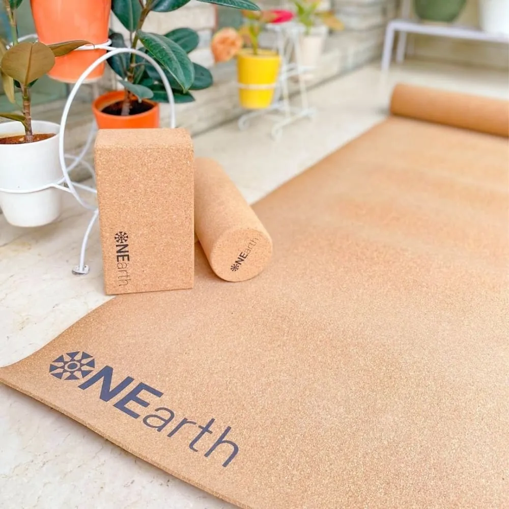 ONEarth Cork Yoga Combo - Mat, Roller and Brick/ Block - Amalgamated Rubber