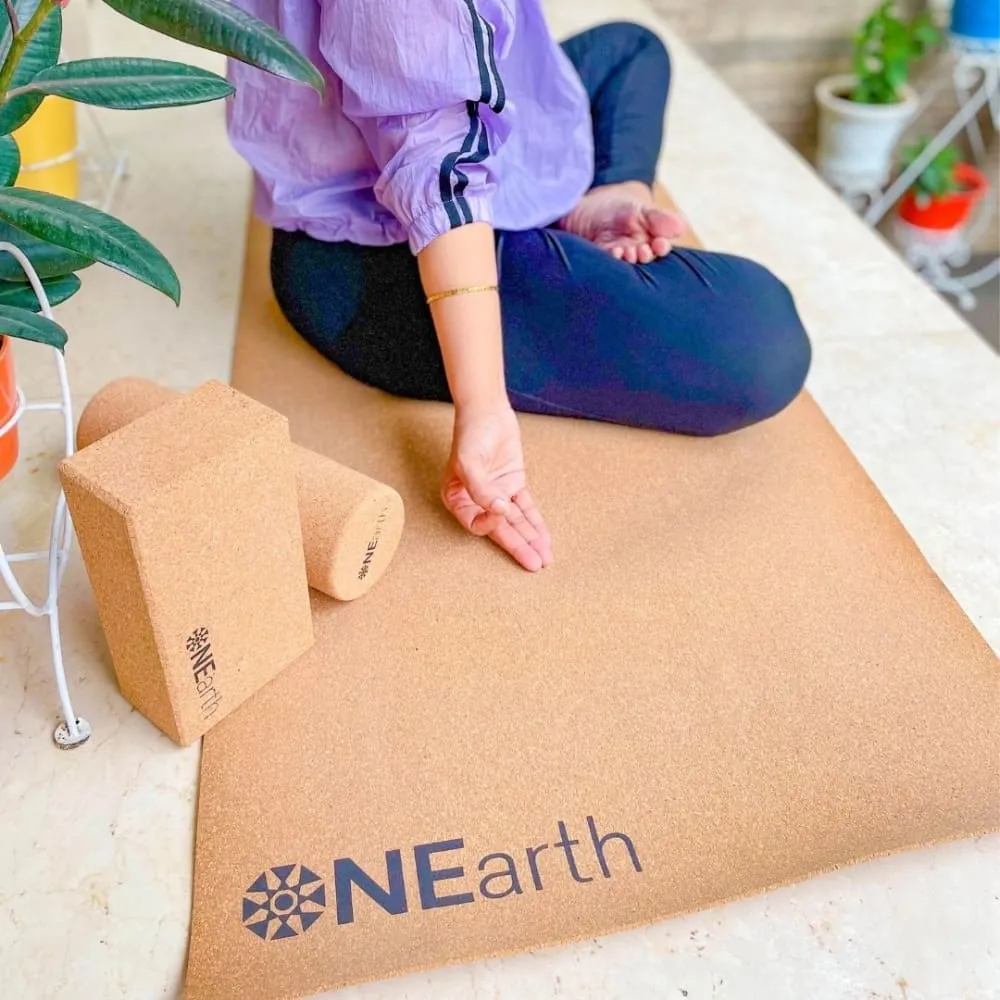 ONEarth Cork Yoga Combo - Mat, Roller and Brick/ Block - Amalgamated Rubber