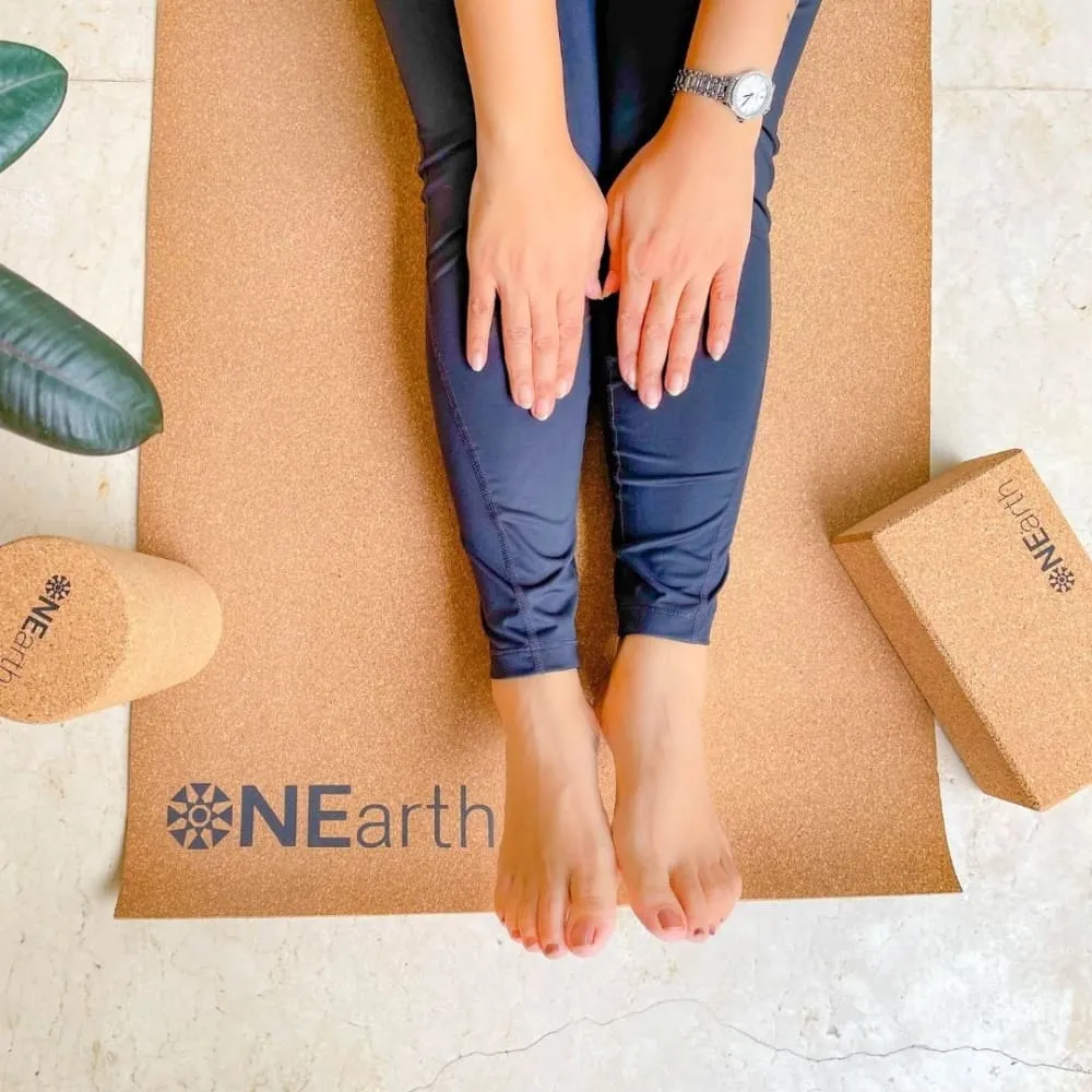 ONEarth Cork Yoga Combo - Mat, Roller and Brick/ Block - Amalgamated Rubber