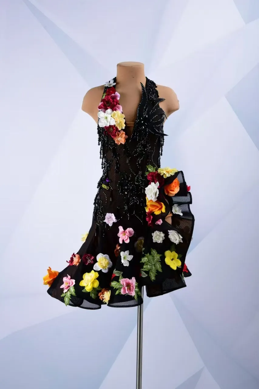 PERMINO.L260 Floral Black Beaded Latin Dance Dress with 3D Flower Appliques