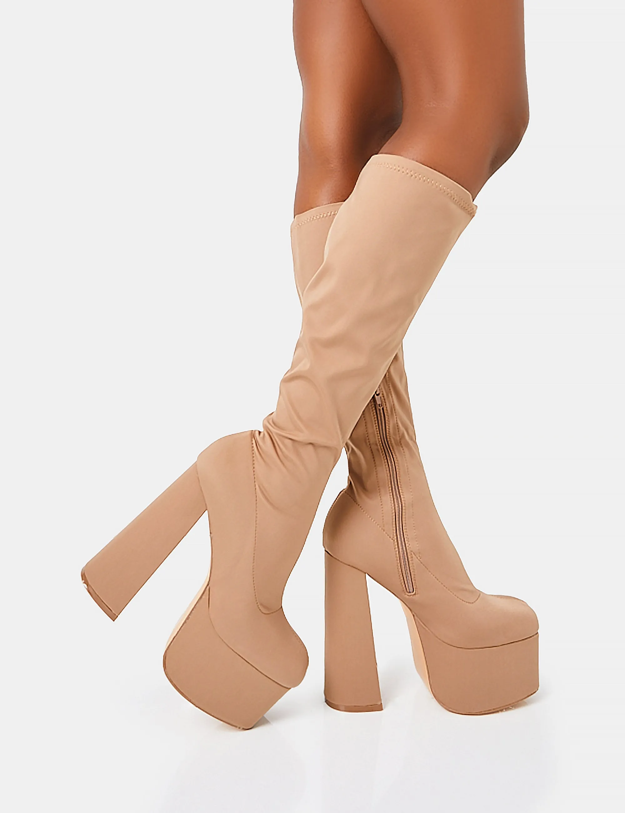 Polished Taupe Nylon Platform Rounded Block Heeled Knee High Boots