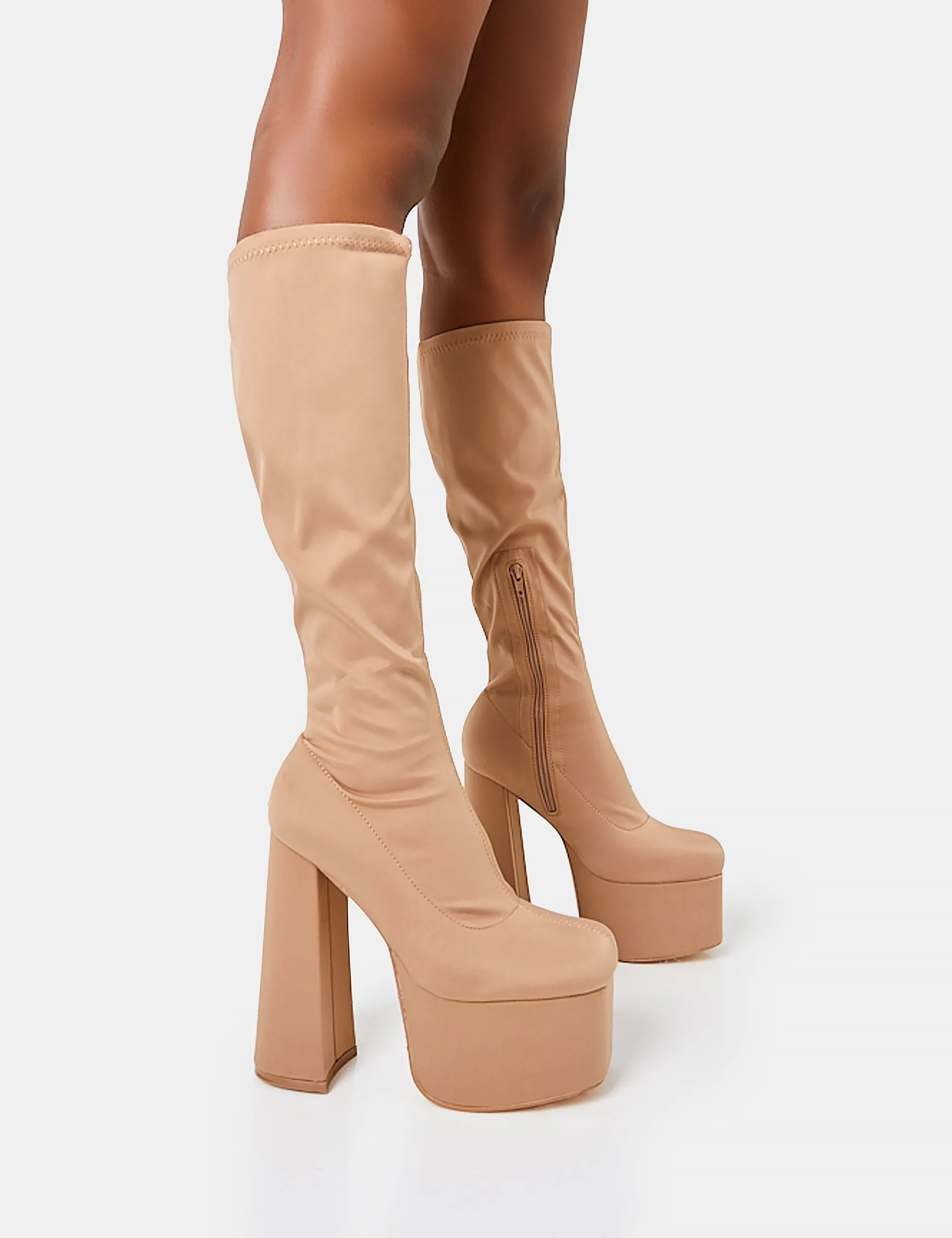 Polished Taupe Nylon Platform Rounded Block Heeled Knee High Boots