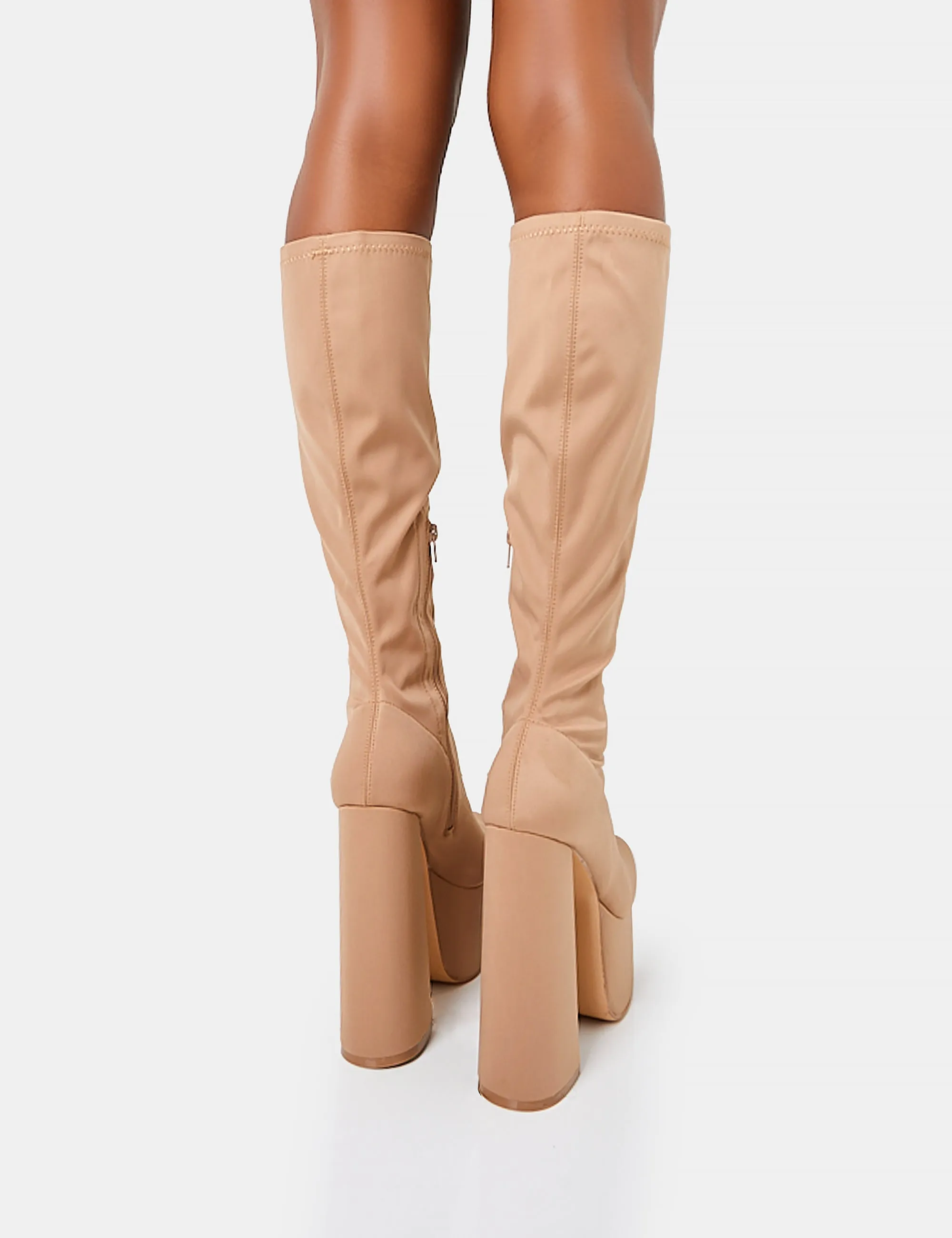 Polished Taupe Nylon Platform Rounded Block Heeled Knee High Boots