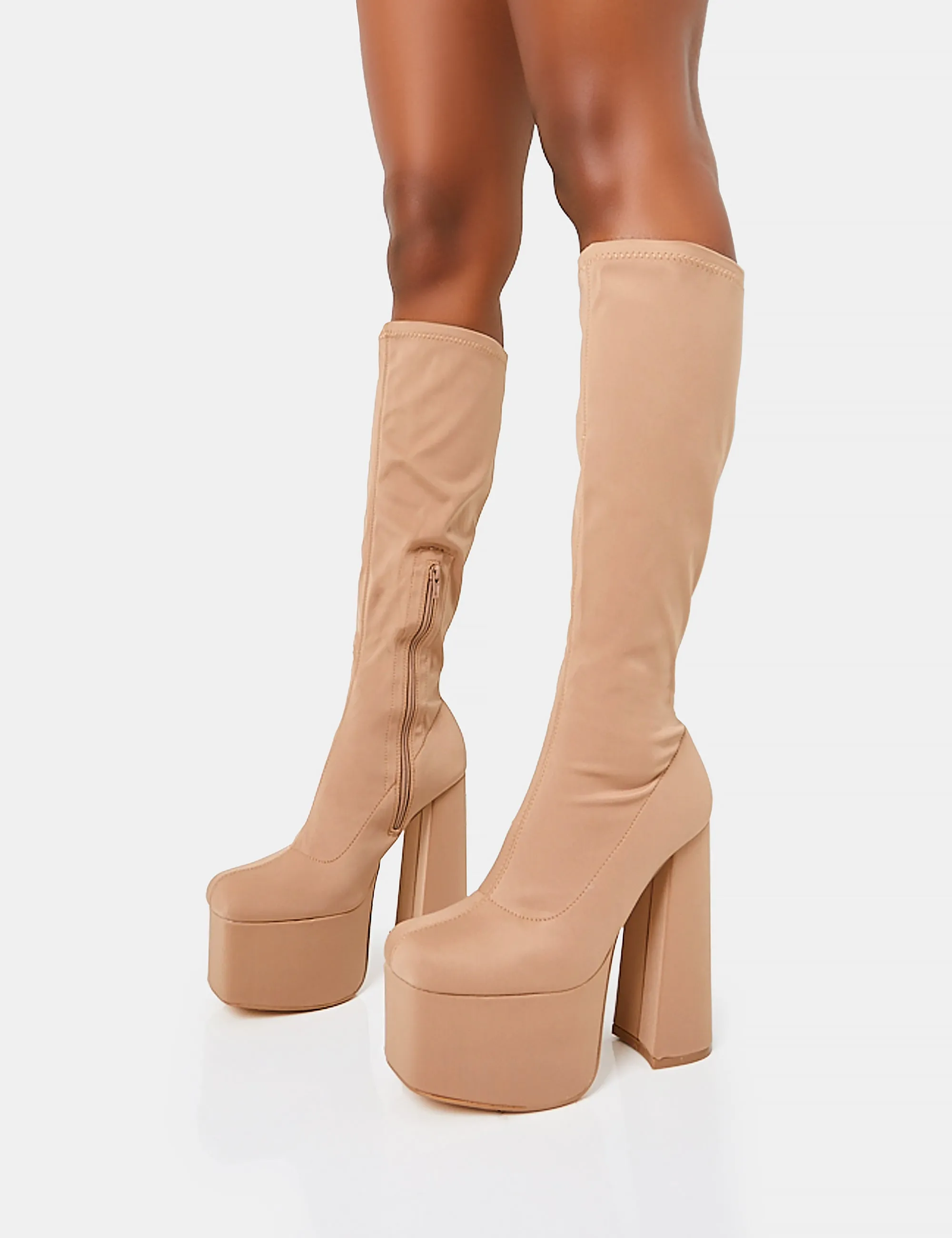 Polished Taupe Nylon Platform Rounded Block Heeled Knee High Boots