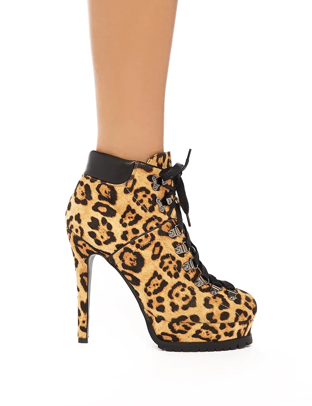 Provoke Leopard Faux Suede Lace Up Stiletto Ankle Boots