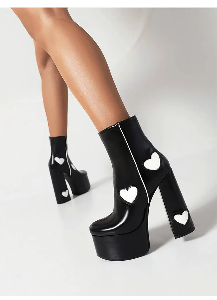 PU Leather Heart Patch Platform Boots