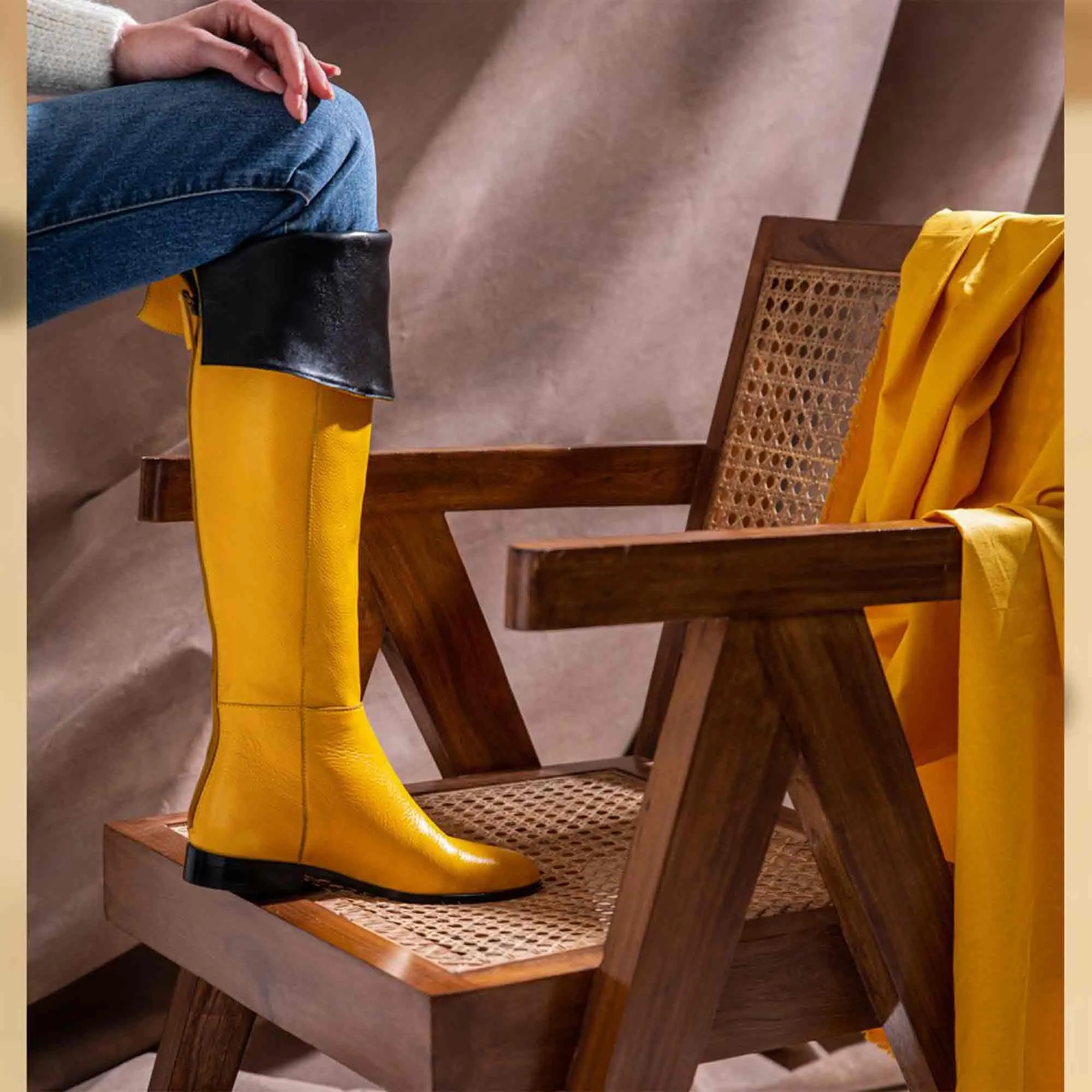 Saint Grace Yellow Leather Above The Knee Boots