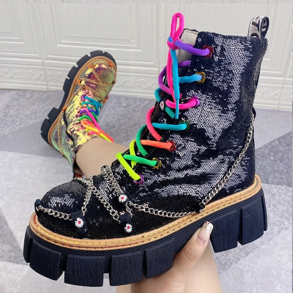 Sequin Combat Booties