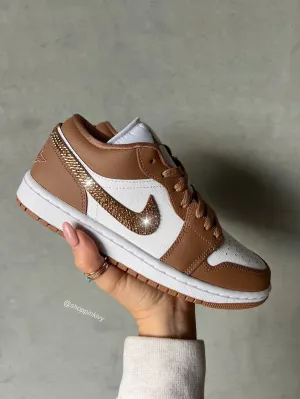 SIZE 7 Caramel Brown Gold Swarovski Women’s Air Jordan Retro 1 Low Shoes