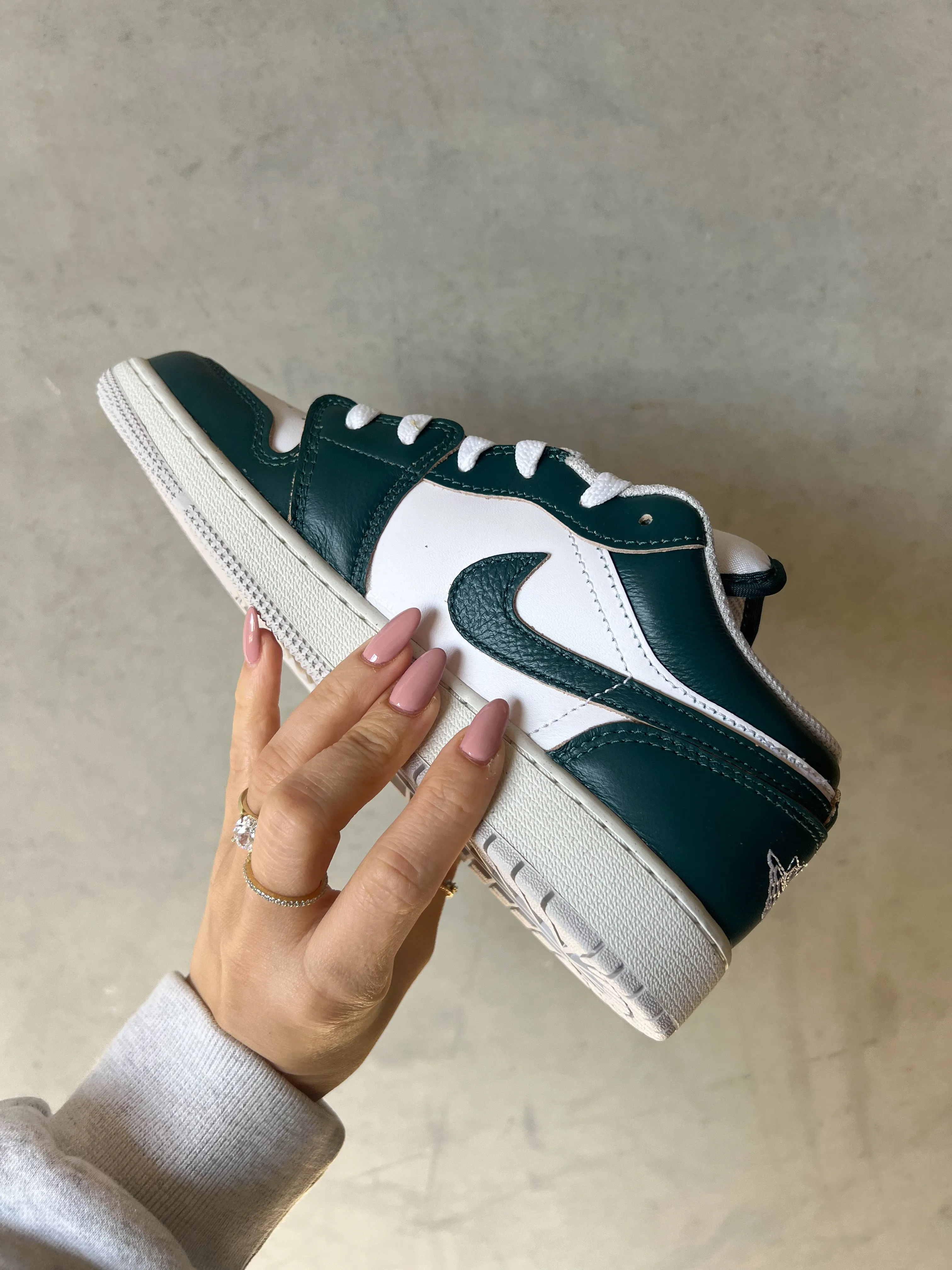 SIZE 7 Forest Green Gray Swarovski Women’s Air Jordan 1 Low Shoes