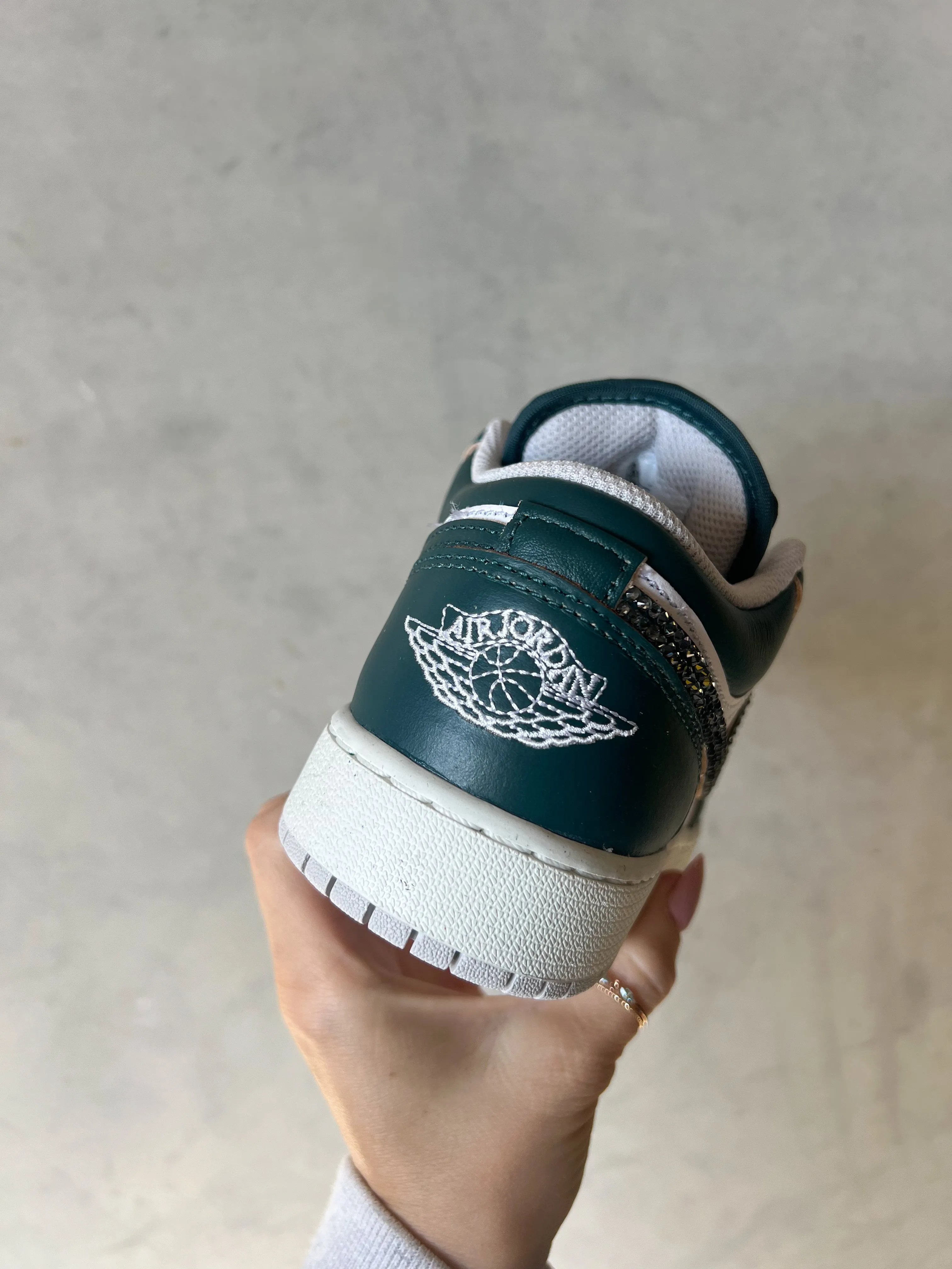 SIZE 7 Forest Green Gray Swarovski Women’s Air Jordan 1 Low Shoes