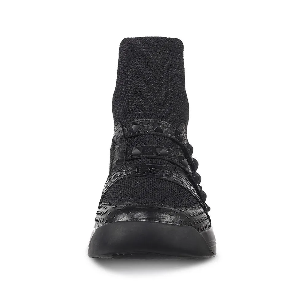 SKYTRACK Mesh Knit High Rivet Leather Black