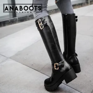 square heels buckle riding  knee-high Boots