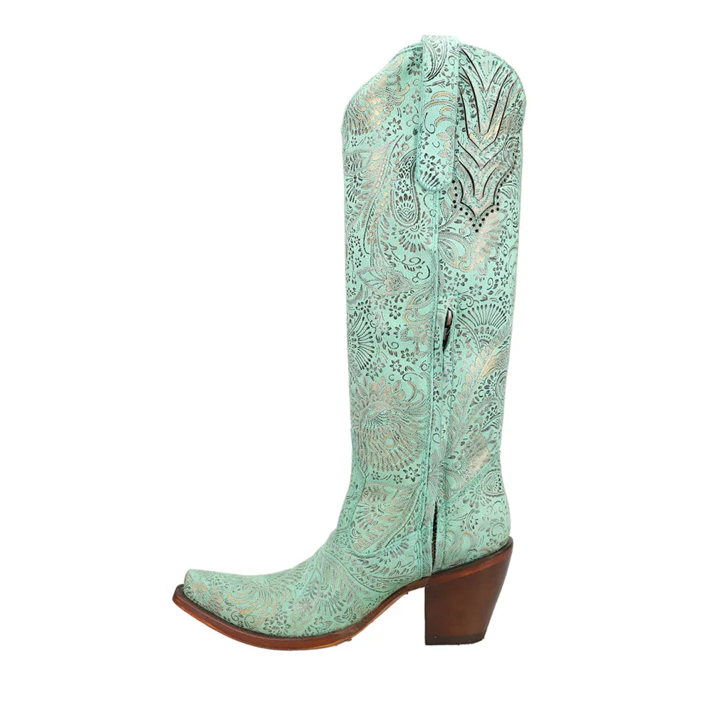 Stamped Floral Tall Snip Toe Cowboy Boots