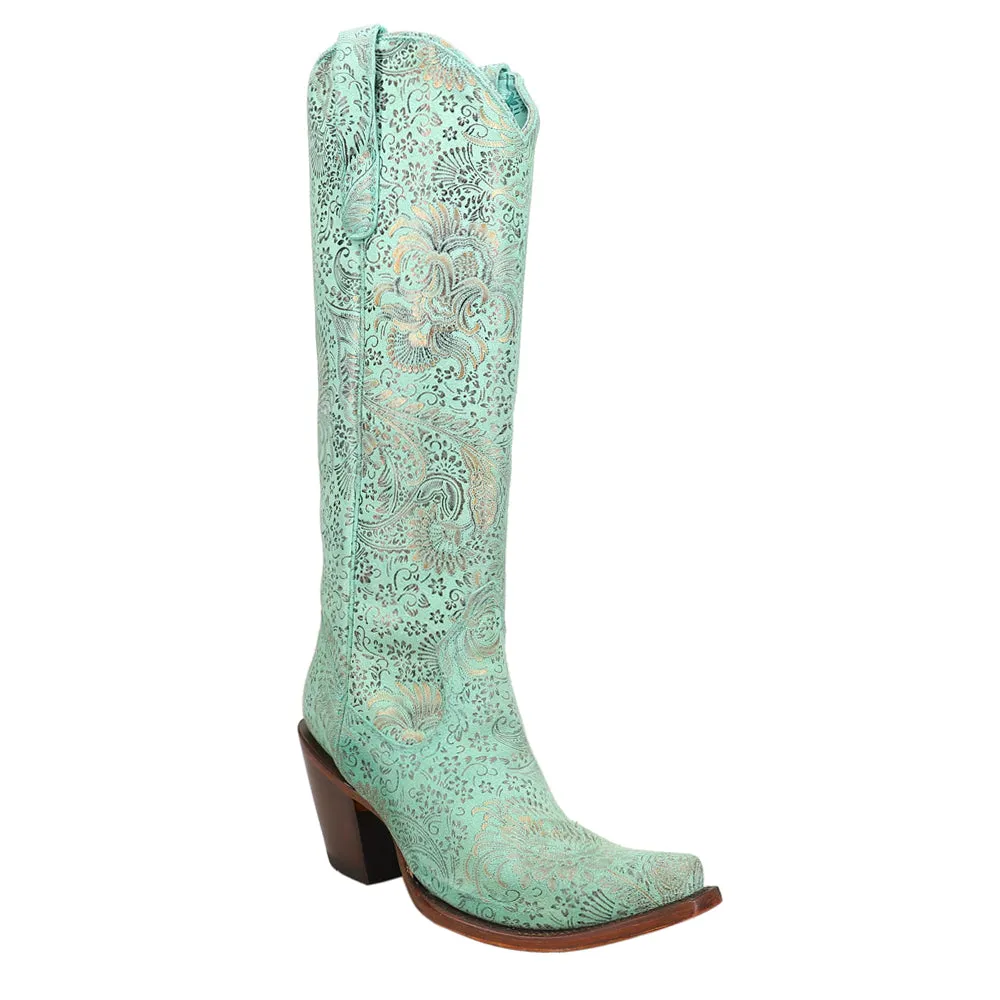 Stamped Floral Tall Snip Toe Cowboy Boots