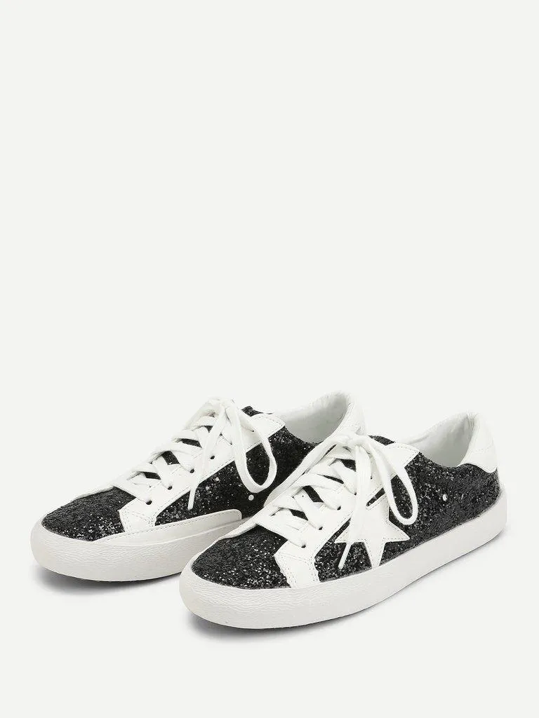 Star Patch Glitter Lace Up Sneakers