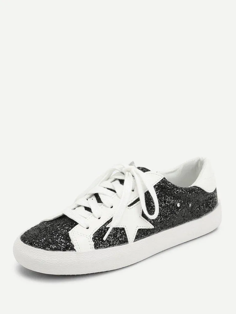 Star Patch Glitter Lace Up Sneakers