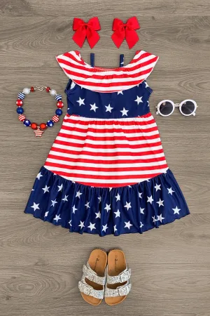 Stars & Stripes Cold Shoulder Ruffle Dress