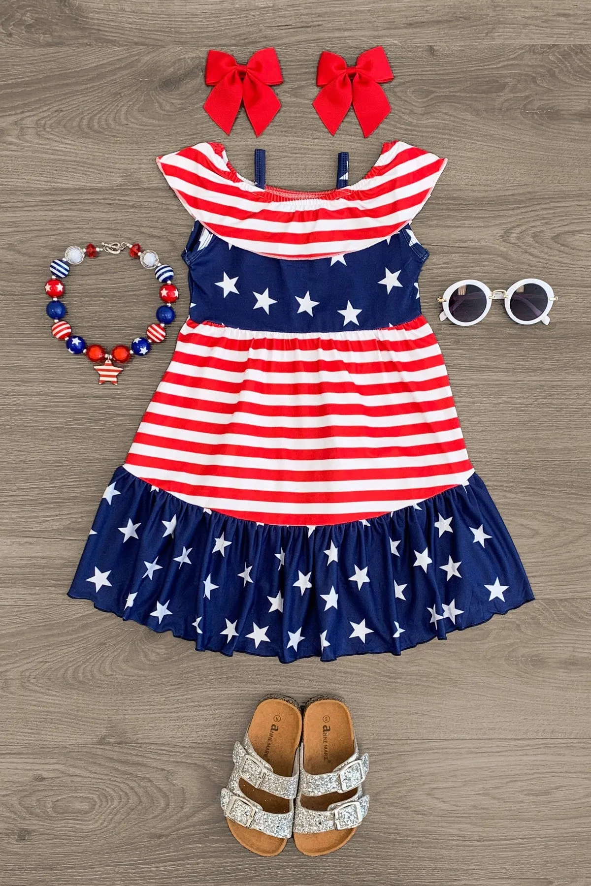 Stars & Stripes Cold Shoulder Ruffle Dress